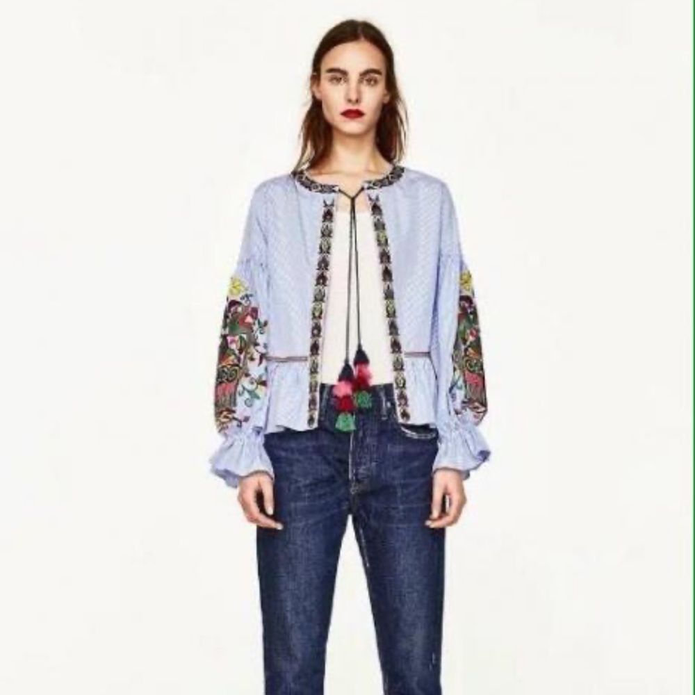 Zara Blue Striped Embroidered Tie-Front Jacket